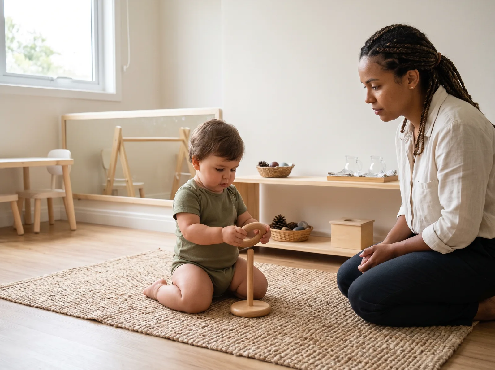 Guia Montessori ajoelhada ao lado de criança de dois anos que trabalha com material de encaixe no tapete da Comunidade Infantil