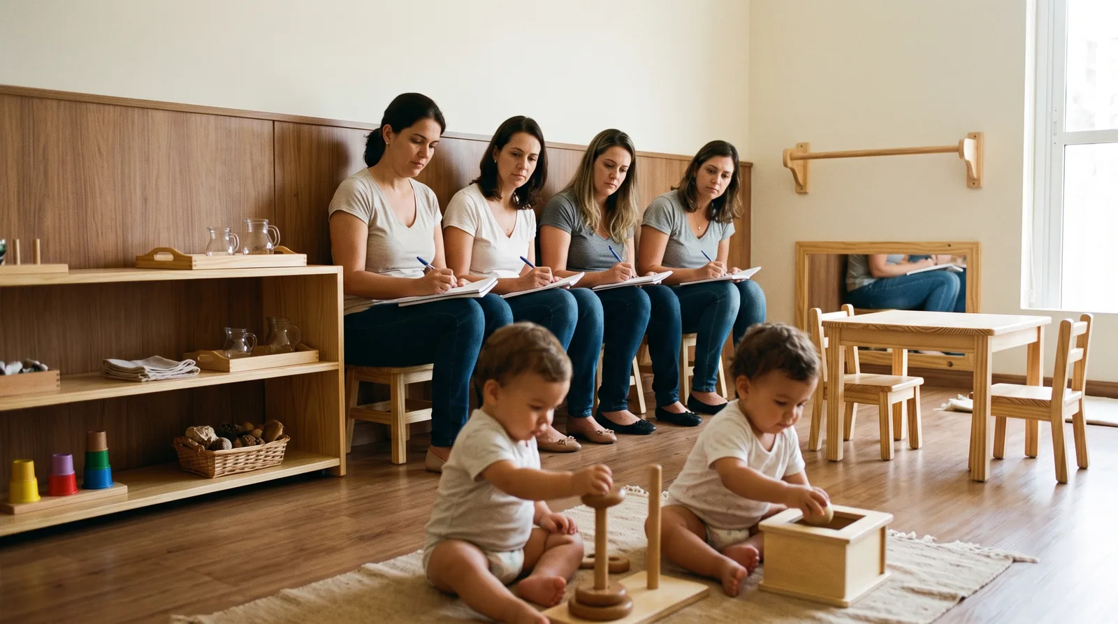 Educadoras em formação sentadas em silêncio, anotando em cadernos, enquanto observam crianças pequenas trabalhando no chão