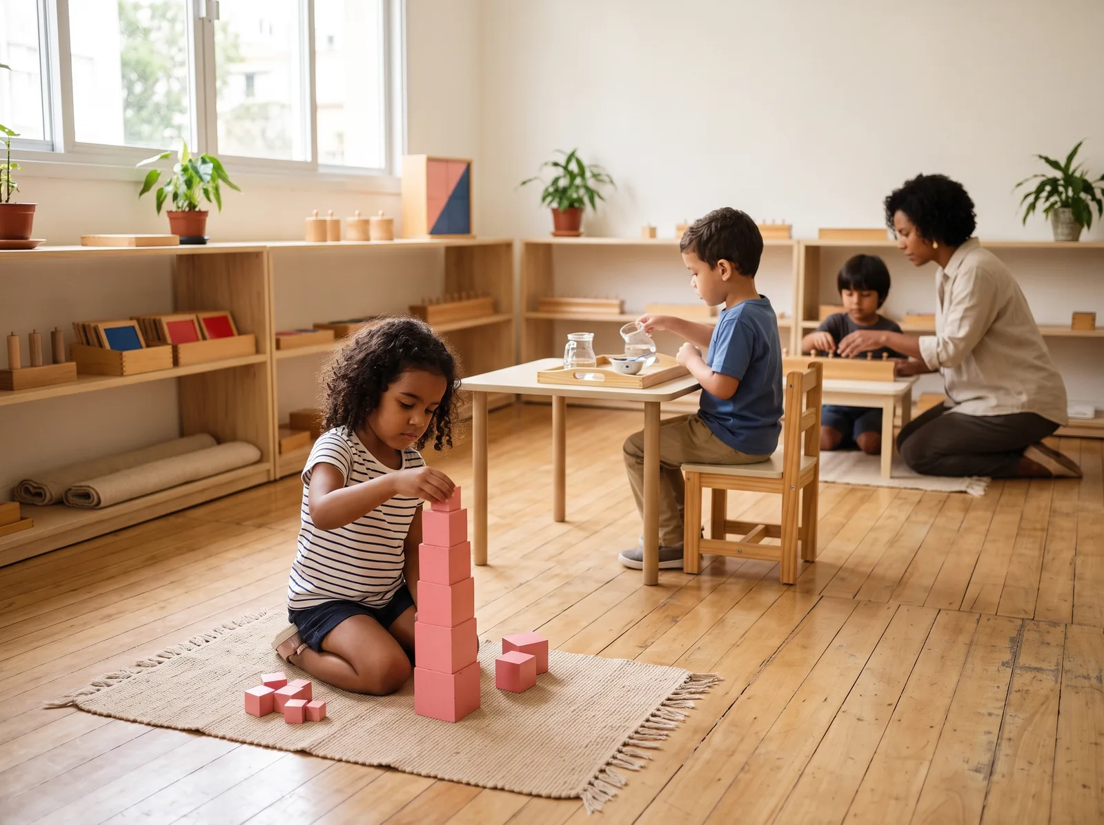 Ambiente da Casa dei Bambini durante o ciclo de trabalho: criança montando a Torre Rosa no tapete, outra em bandeja de vida prática e a guia apresentando material ajoelhada