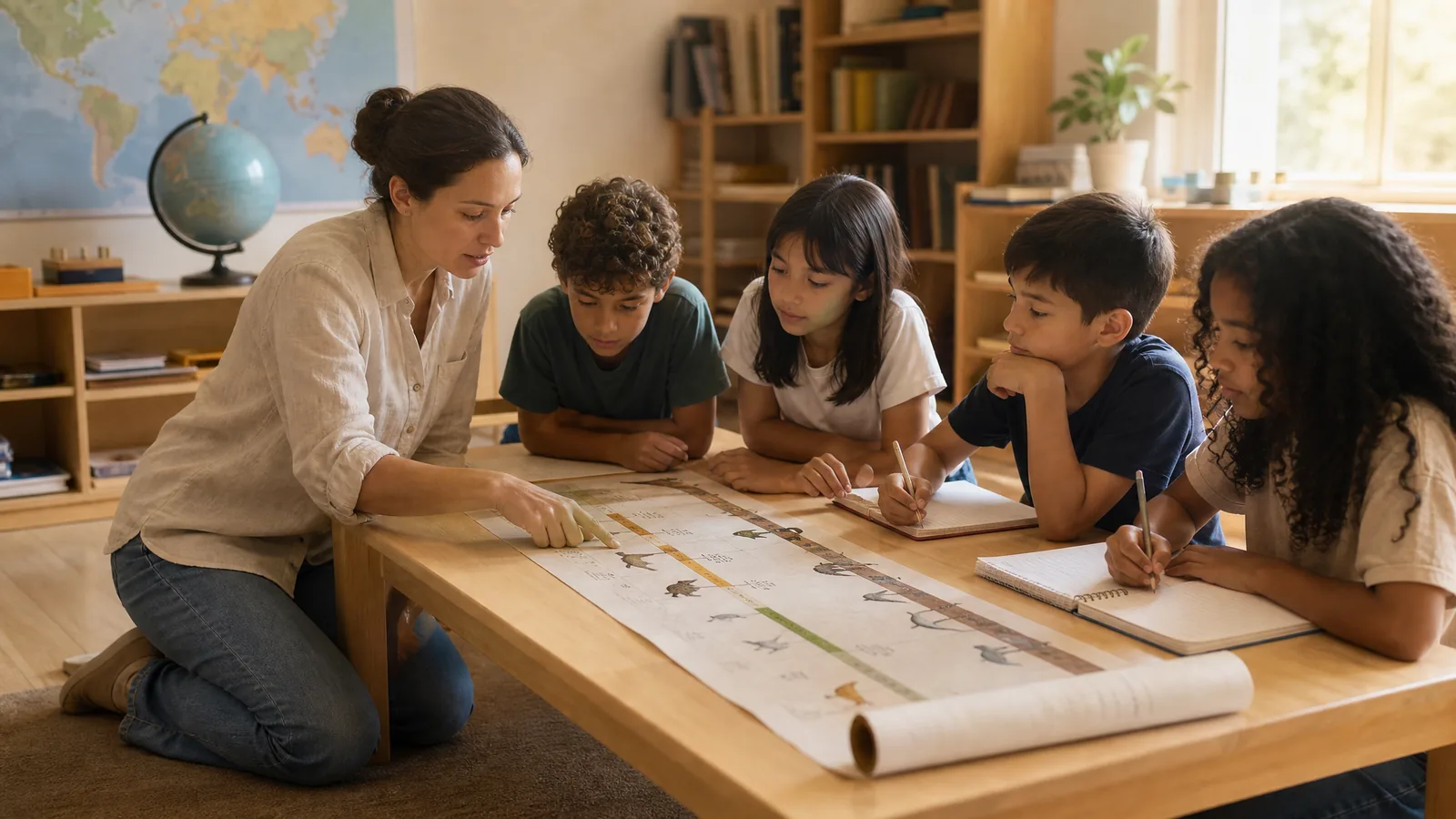 Guia Montessori orientando crianças em um ambiente preparado, com materiais e livros de referência ao alcance