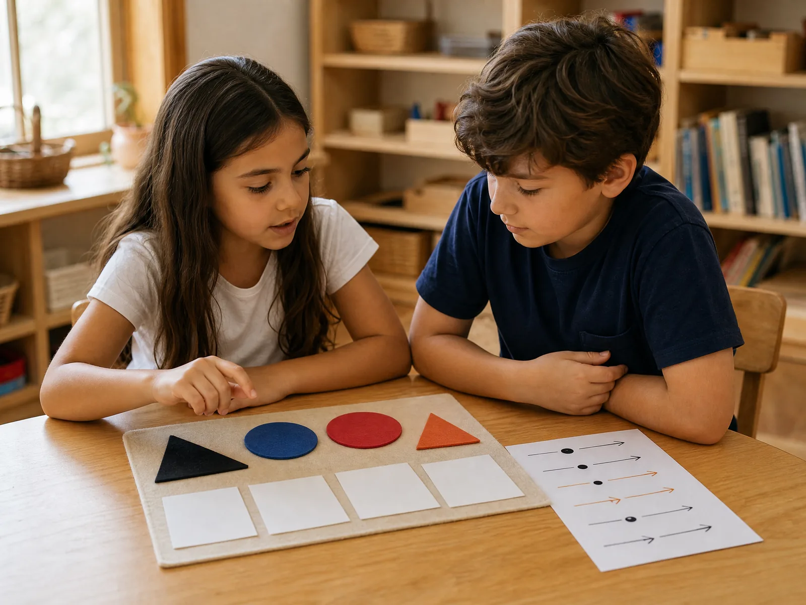 Duas crianças organizando símbolos gramaticais Montessori em atividade de análise de sentenças