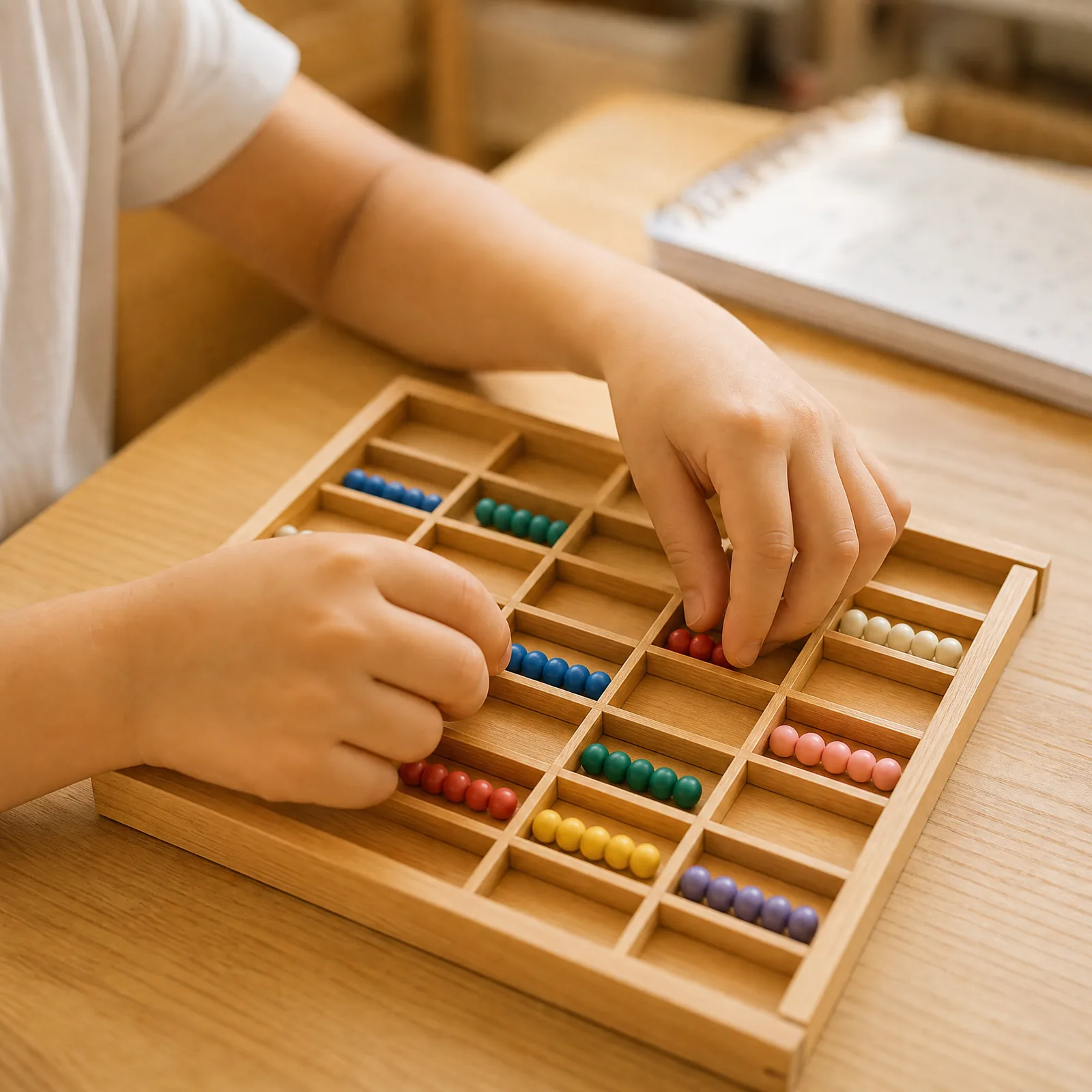 Mãos de criança montando barras de contas no Tabuleiro de Xadrez da multiplicação Montessori