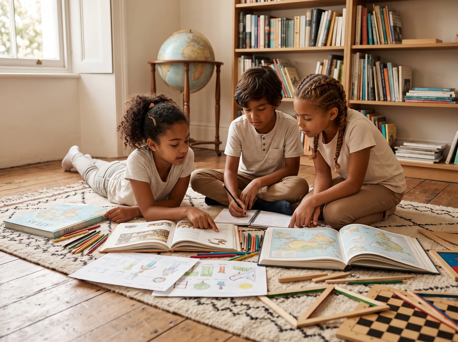 Três crianças de 9 a 11 anos pesquisando juntas sobre um tapete, cercadas de atlas, livros de referência e cartazes desenhados à mão