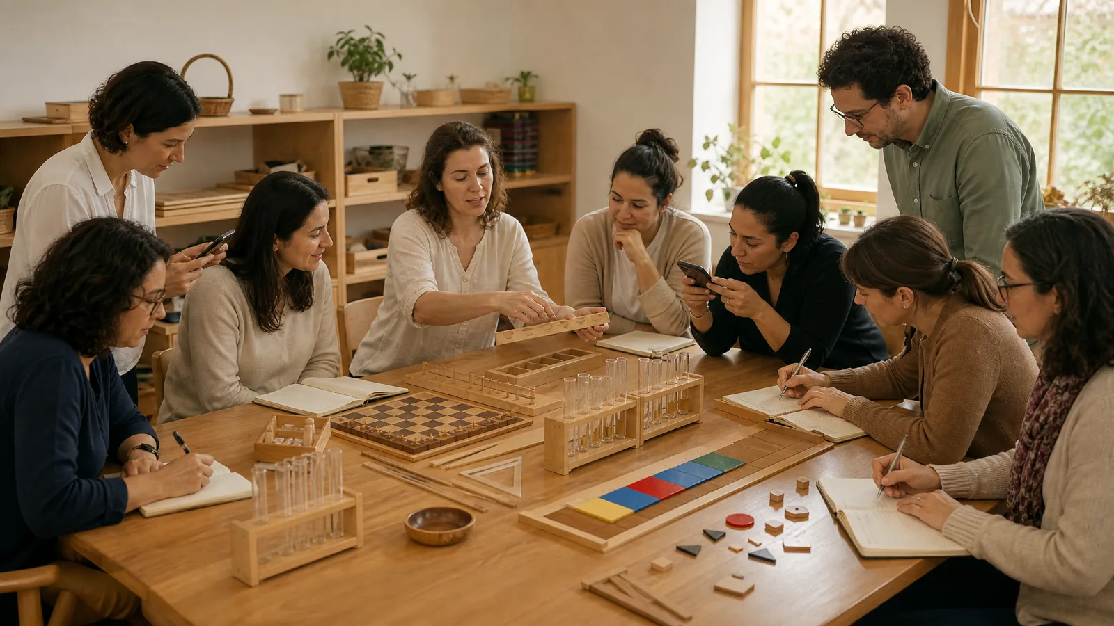 Educadores em formação Montessori 6-12 manipulando materiais do Elementar em aula presencial